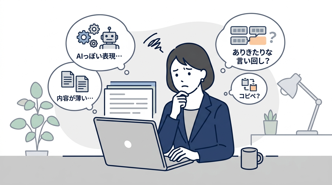 AIっぽい文章に悩むビジネスパーソンが困った顔でPC画面を見ているイラスト