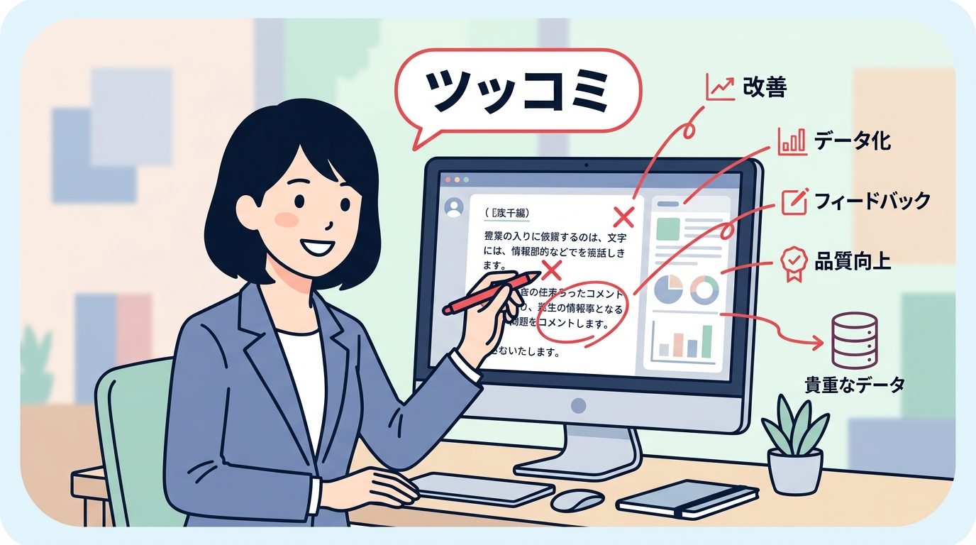 AIが生成した文章に赤字で修正指示を書き込んでいるビジネスパーソンのイラスト