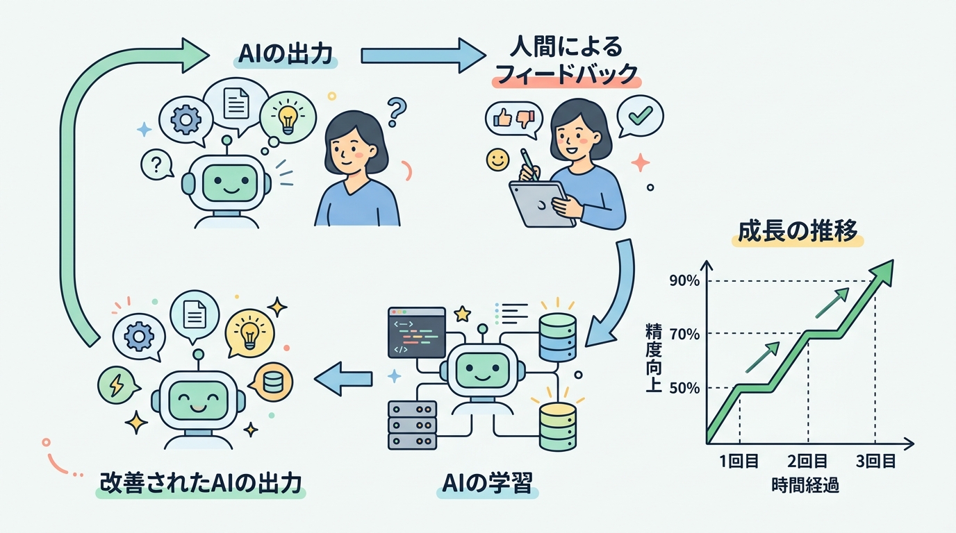 継続的なフィードバックとAIの学習サイクルを示す成長曲線図
