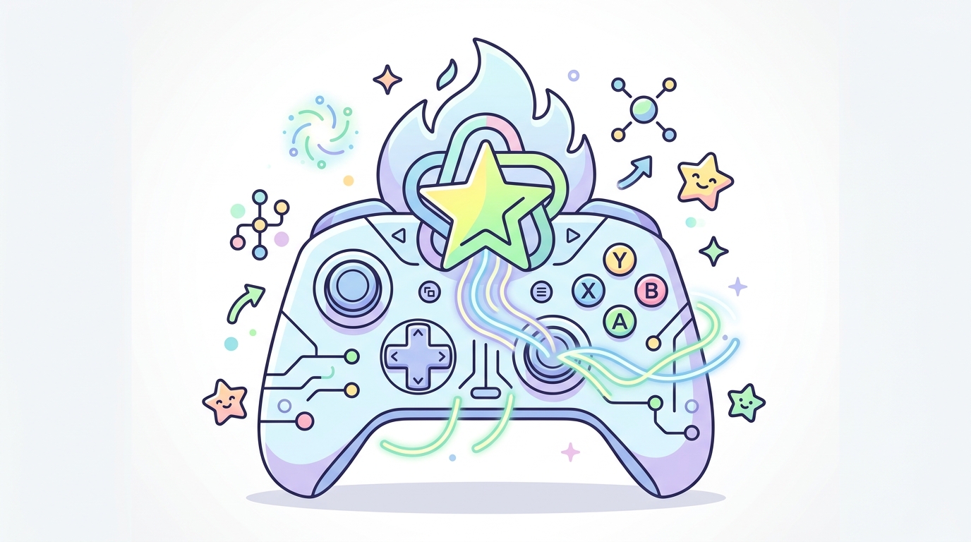 Claude Opus 5のロゴとゲームコントローラーが融合した抽象的なイラスト