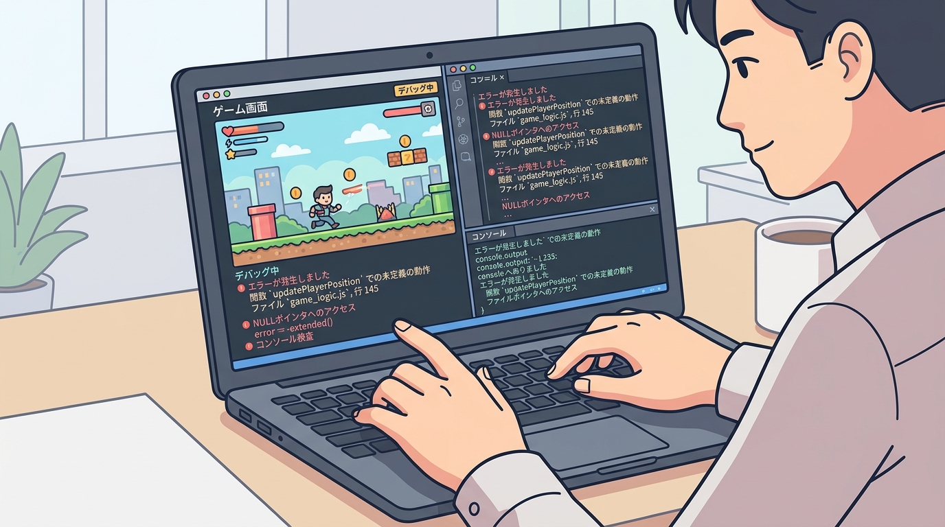 PC画面で動作確認するAI生成ゲームコードと、その横でエラーログを確認する開発者の手元