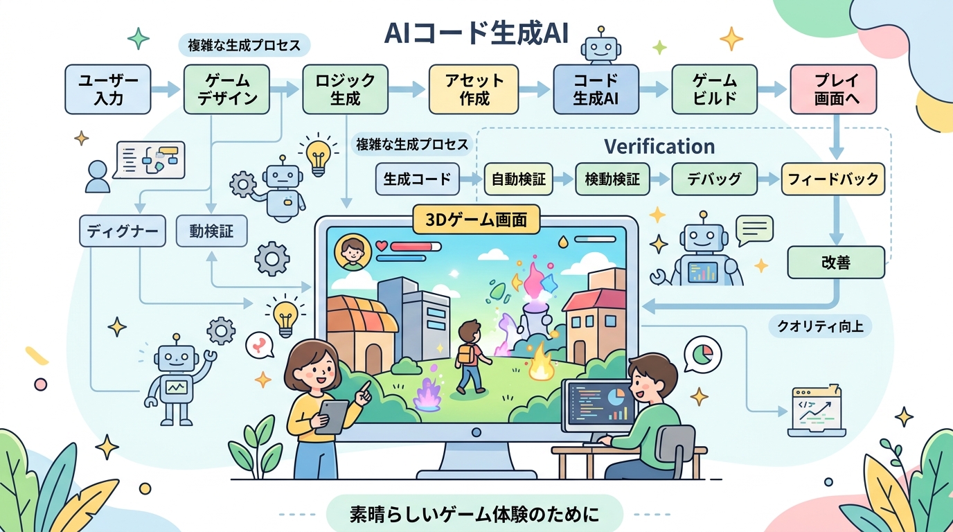 3Dゲームのプレイ画面と、その背景にAIのコード生成プロセスを表すフロー図