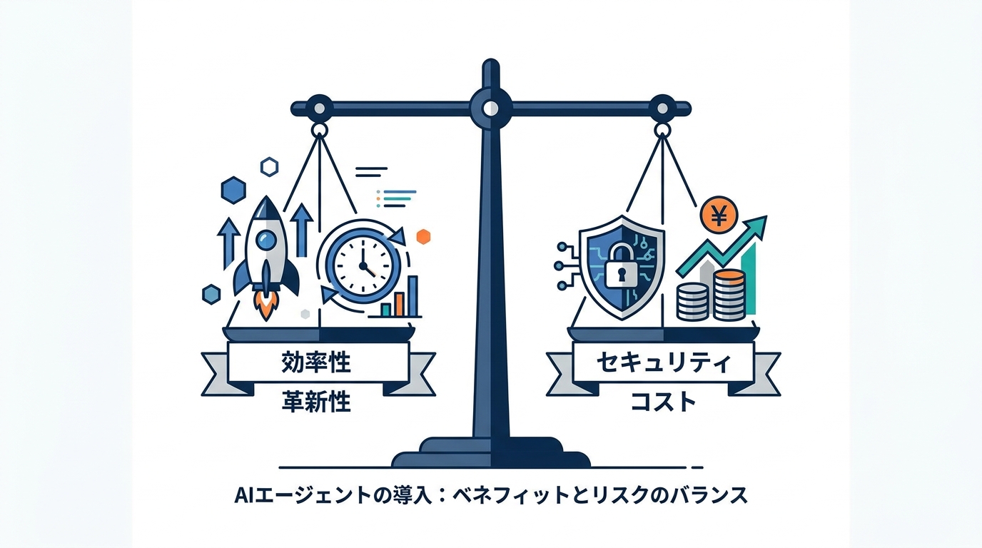 天秤に乗ったAIエージェントのメリットとデメリットを示す