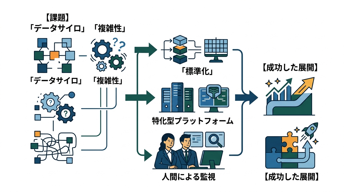 データ統合の課題を解決するマルチモーダルAI導入の成功戦略を示唆する図