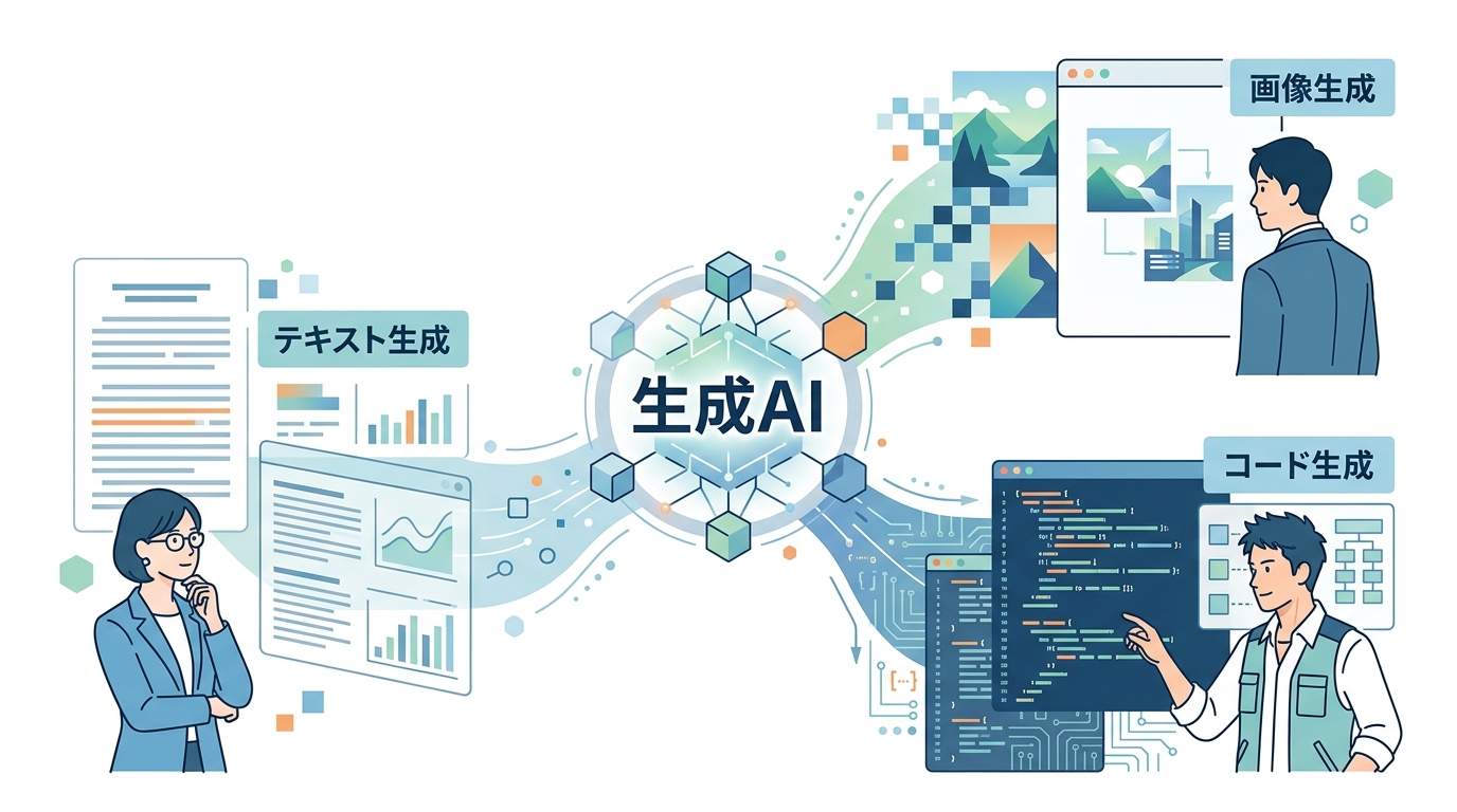 生成AIがテキスト、画像、コードなどを生成している様子を示すイラスト