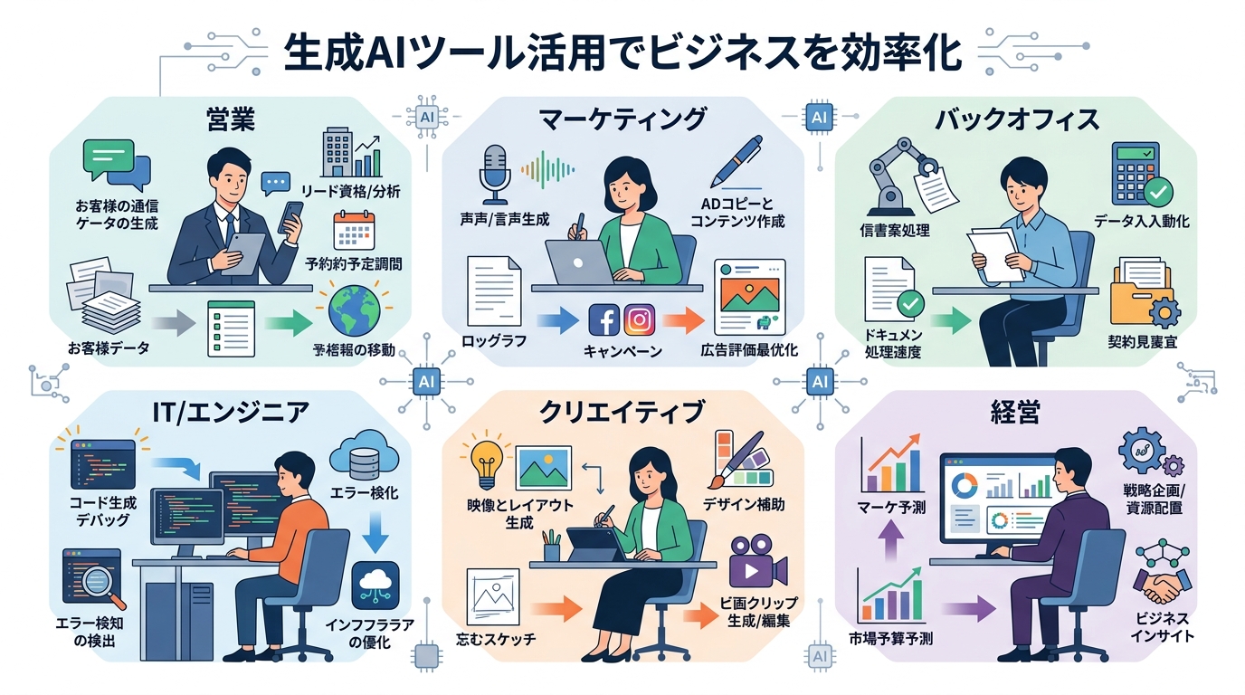 各職種のビジネスパーソンが生成AIを活用して業務を効率化している様子