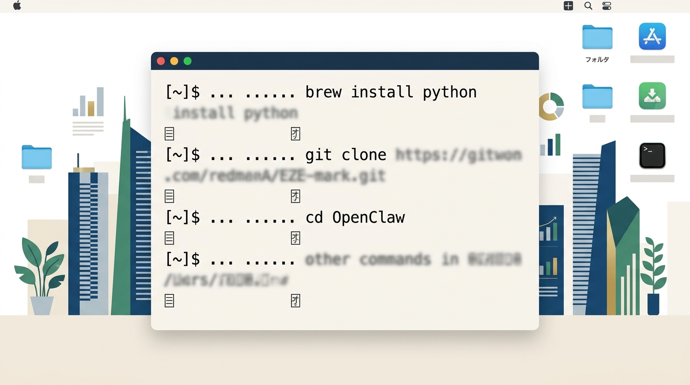 OpenClawのインストール手順を示すPC画面とコマンドラインインターフェースのイメージ